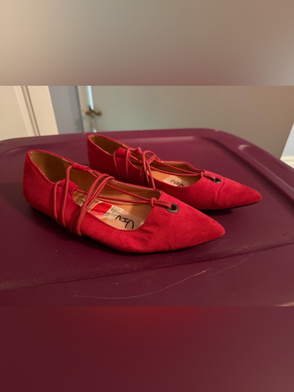 Red Lace-Up Pointed Toe Women's Flats